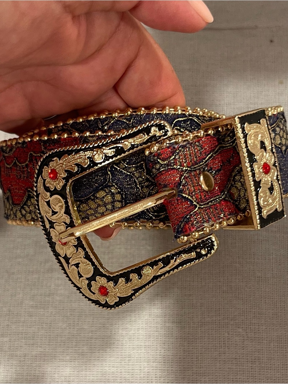 Gold-Tone Floral Embellished Red & Navy Women’s Fashion Belt
